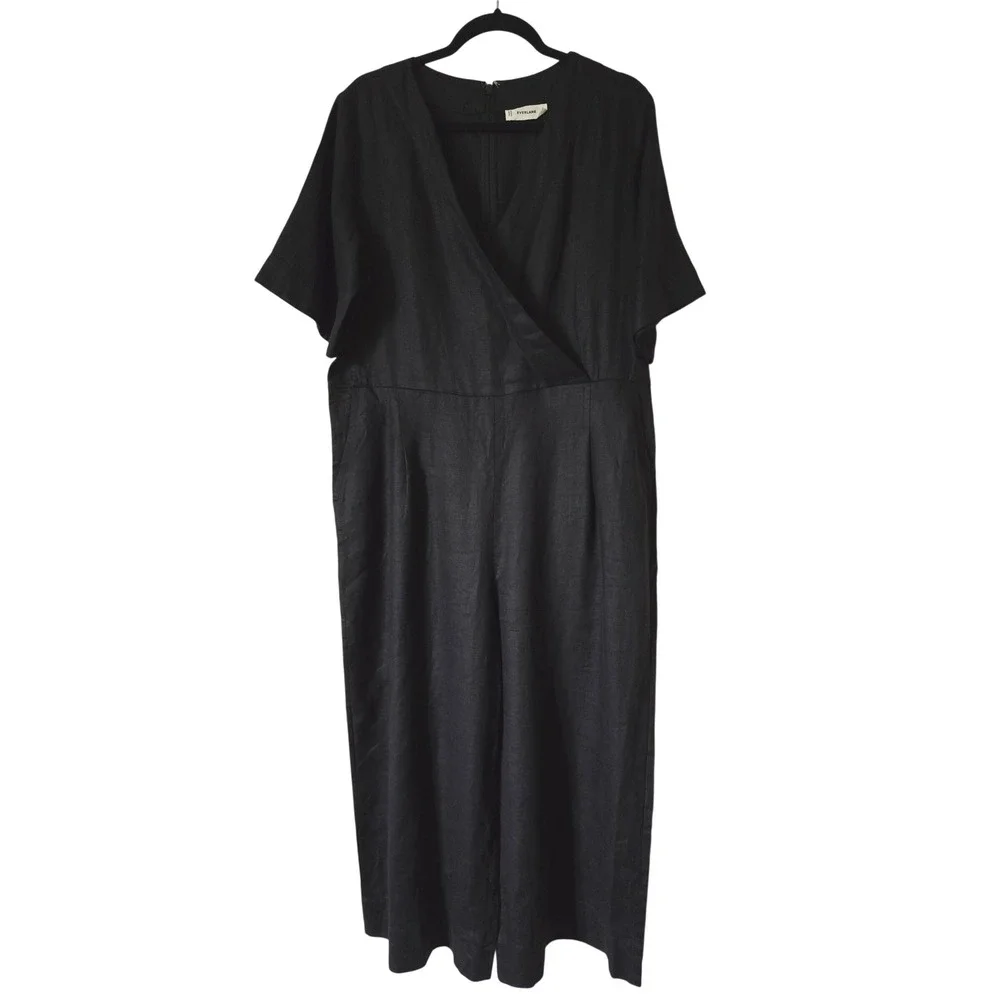 Everlane The Wrap Jumpsuit in Linen Black Short Sleeve Wide Leg Womens 8
